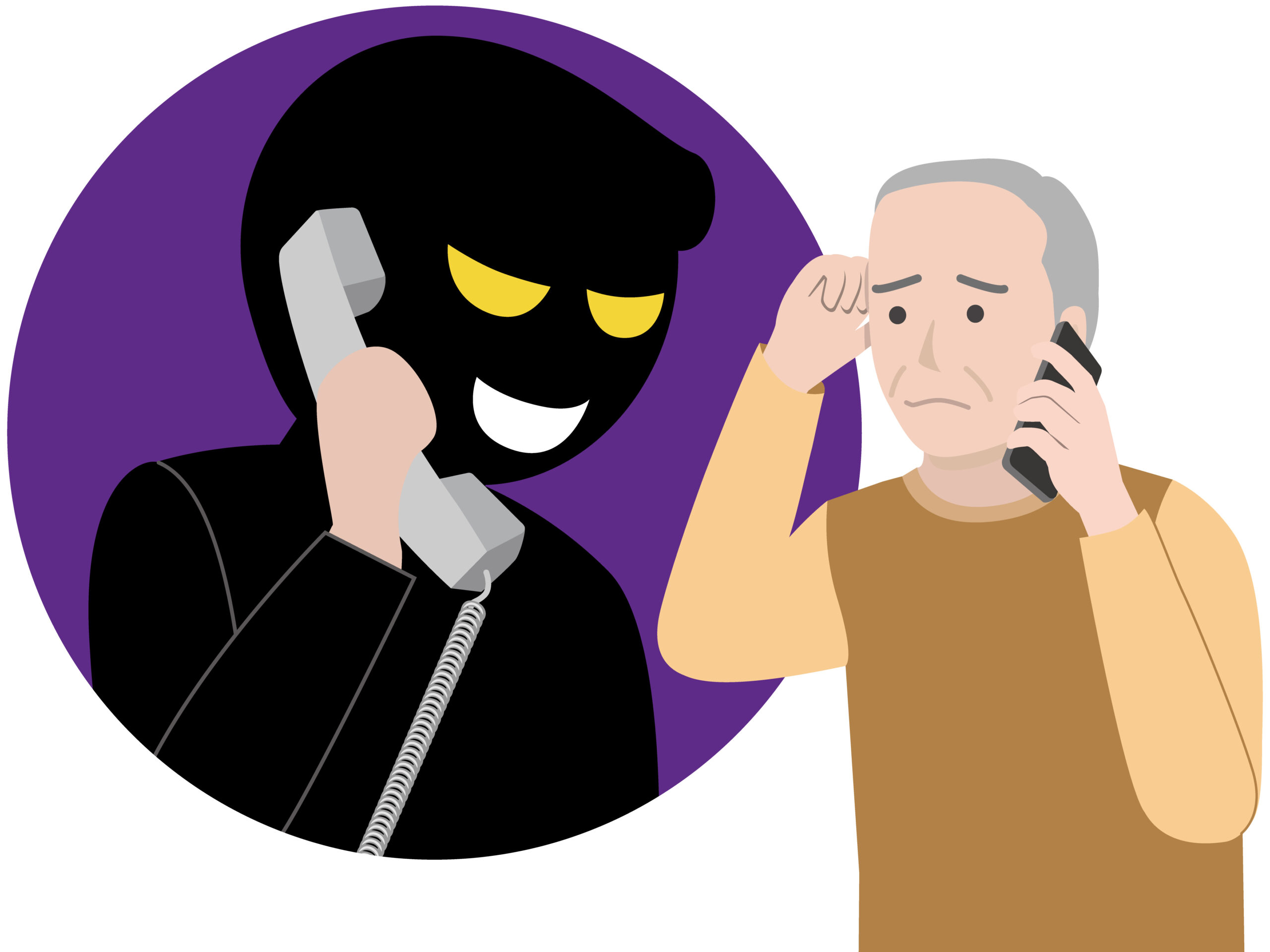 知らない番号からの勧誘電話に困る人と、電話をかける怪しい人物のイラスト