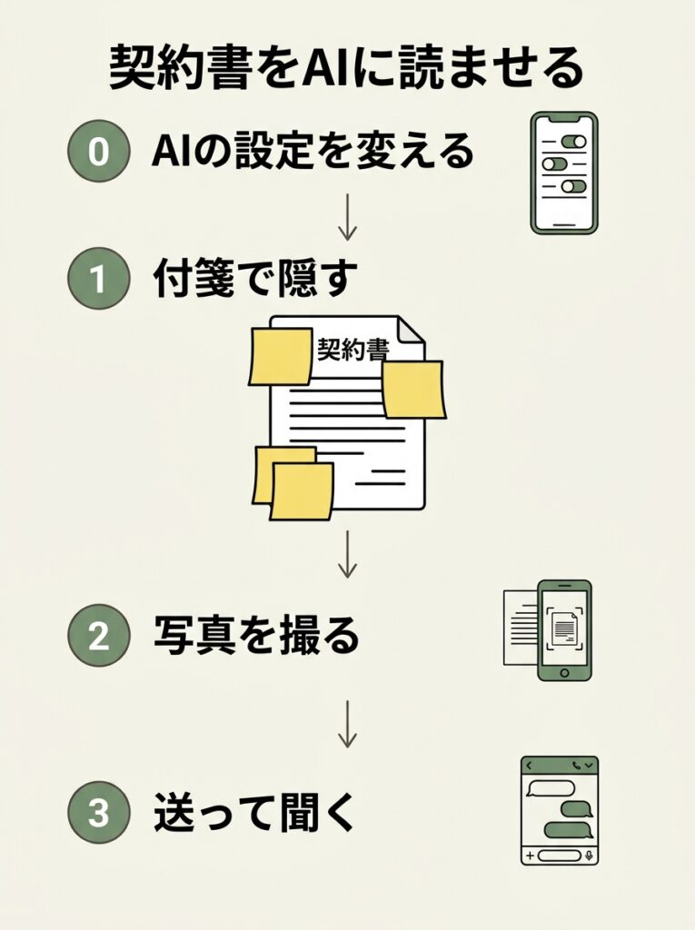 契約書をAIに読ませる手順の図解。0 AIの設定を変える、1 付箋で隠す、2 写真を撮る、3 送って聞く