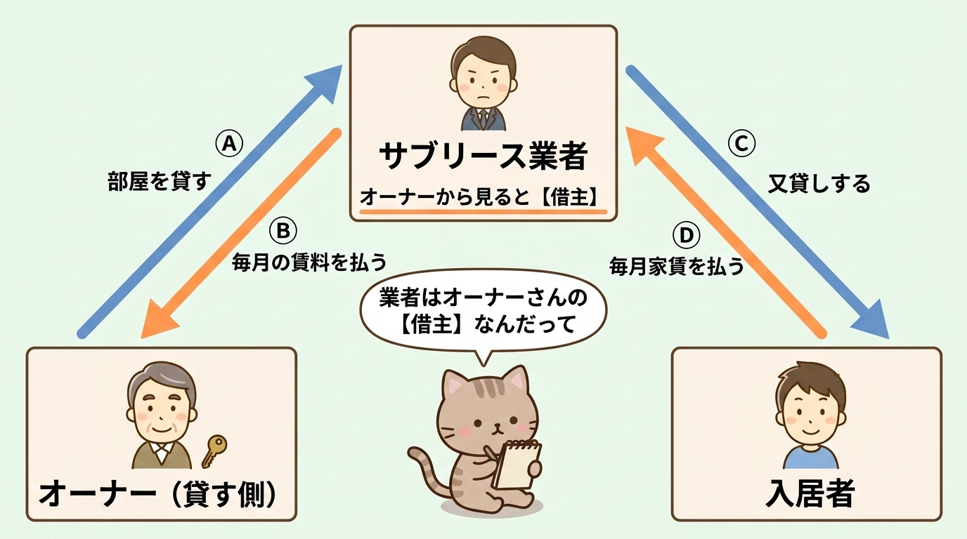 サブリースの三者関係の図。オーナーが業者に部屋を貸し業者が賃料を払う。業者が入居者に又貸しし入居者が家賃を払う。業者はオーナーから見ると借主にあたる
