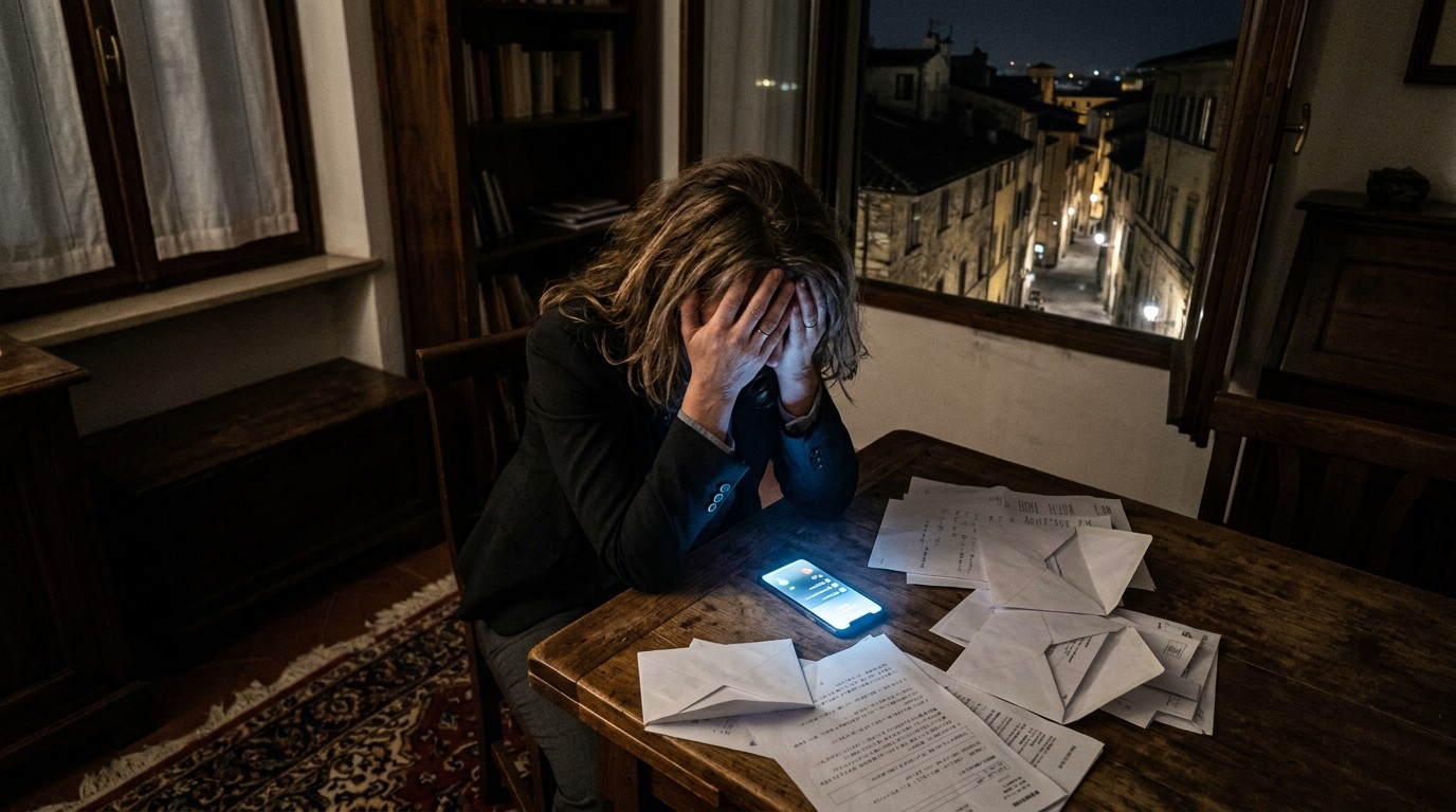 夜の部屋で、木のテーブルに肘をつき両手で顔を覆う女性。手元に通知の光るスマートフォン、まわりに封筒と書類が散らばっている