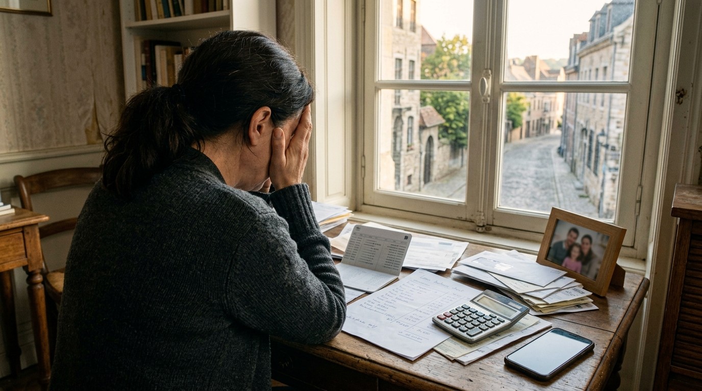 窓辺の机に向かい頭を抱える女性の後ろ姿。机には開いた通帳、電卓、書類の束、家族の写真立て、スマートフォン